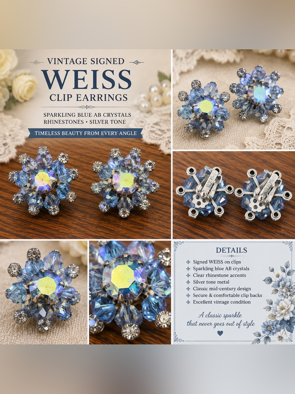 Albert Weiss Blue AB Crystal Flower Clip Earrings